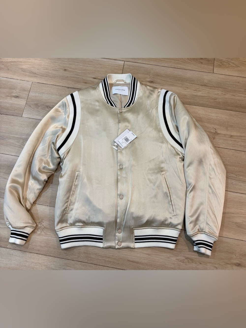 NWT Ovadia & Sons Jacket 100% Silk Beige Coaches Varsity Jacket Large L $1095